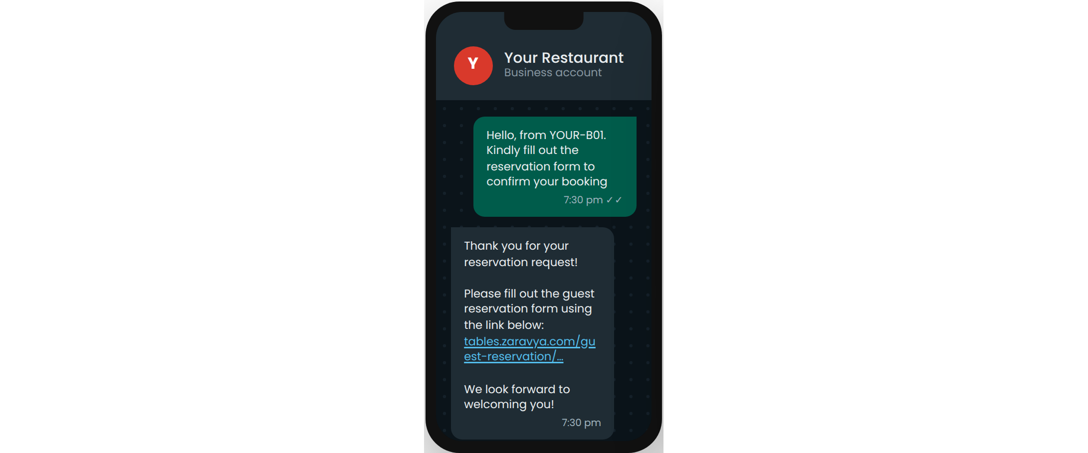 The restaurant replies on WhatsApp with the booking link