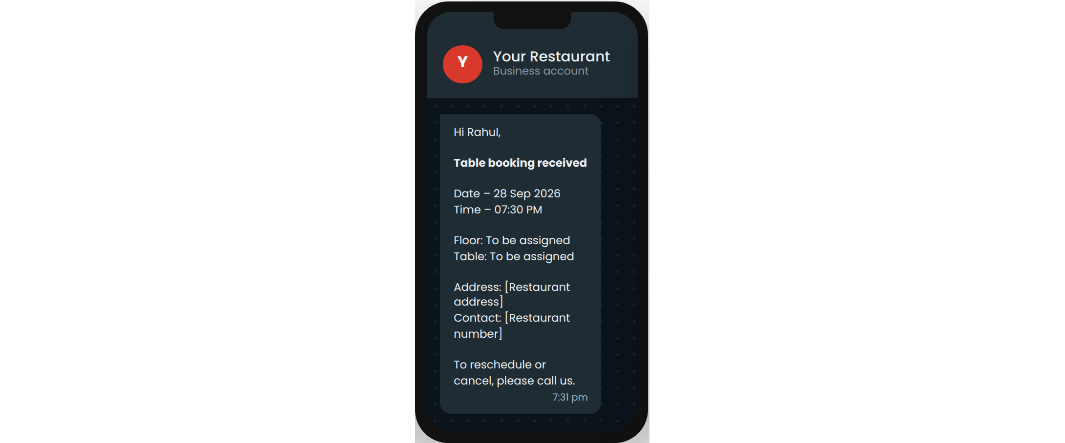 Booking received message on WhatsApp